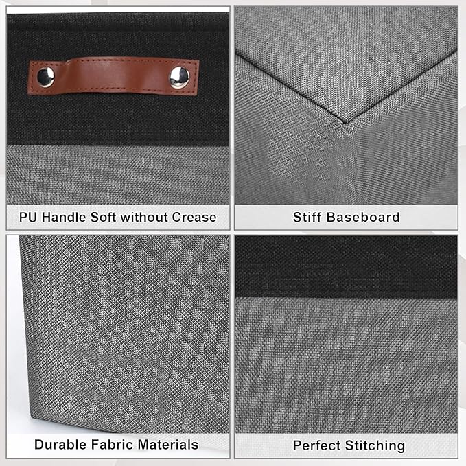 Collapsible Fabric Storage Cubes 11x11 Cube Storage Bins, 4 Pack Closet Baskets Box with Handles for Organizing, Shelf, Toys, Clothes, Home, Office, Nursery (Grey&Black)