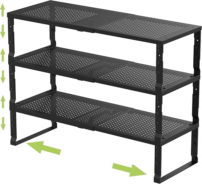 Expandable Adjustable Stackable Kitchen Organizer, Spice Rack,Metal Pantry Storage Shelves Racks,Counter Shelf for Cabinets, Countertop, Cupboard (3 Packs/Large/Black)