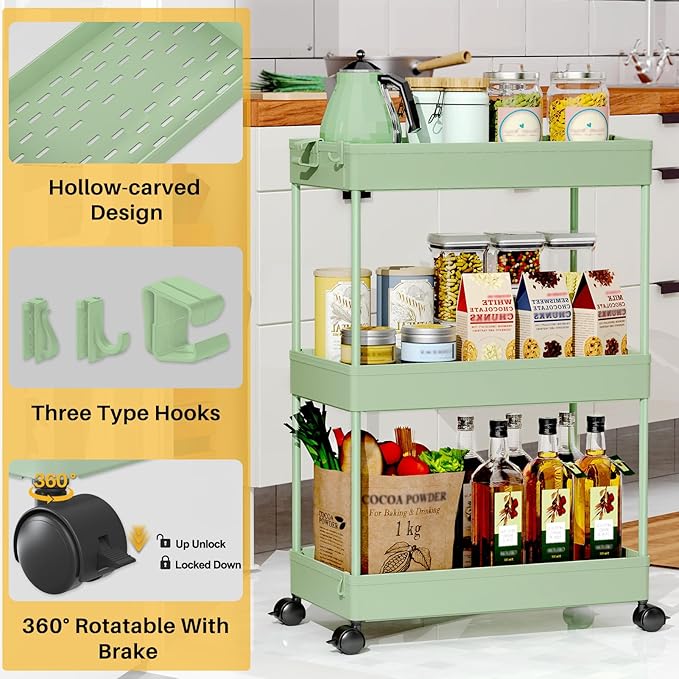SPACEKEEPER Rolling Storage Cart 3 Tier, Bathroom Cart Organizer Laundry Room Organizer Utility Cart Mobile Shelving Unit Multi-Functional Shelves for Office, Kitchen, Bathroom, Green, SPKSC302GN