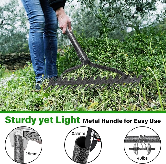 Garden Rake Heavy Duty, 17 Tines Metal Bow Rake with 63" Adjustable Handle, Landscape Yard Rakes for Lawns Leveling Loosening Soil, Spreading Mulch, Clearing Leaves Weeds Lawn Care Tool Thatch Rakes