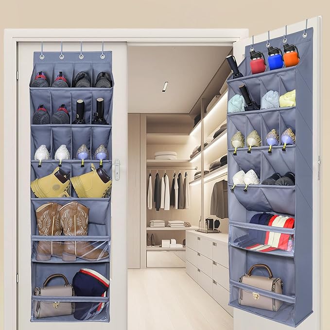 Over The Door Shoe Organizer, Hanging Shoe Rack with 16 Deep Pockets, Wall Shoe Storage for Closet and Narrow Door, RV Storage and Organization, Grey