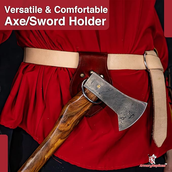 Armory Replicas - Genuine Rawhide Leather Universal Axe Frog - Medieval Hand Crafted O-Ring Funcitonal Outdoor Costume LARP Weapon Holder