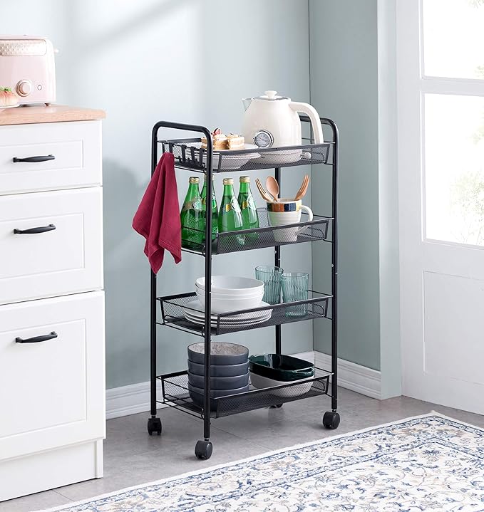 JANE EYRE Rolling Utility Storage Rack Cart on Wheels, Trolley Carft cart, Multi-Purpose Organizer Shelf (Black, 4 Tier)…