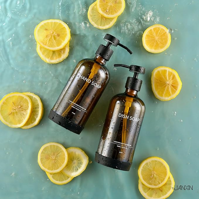 Glass Kitchen Soap Dispenser Set with Ceramic Tray,16.9 floz Hand and Dish Soap Dispenser for Kitchen and Bathroom Decor,Amber Kitchen Accessories(Amber Bottles + Black Pumps)