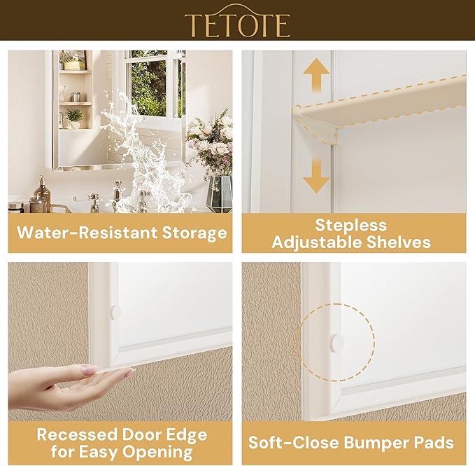 TETOTE 14 x 18 Medicine Cabinet with Tempered Beveled Mirror White Bathroom Mirror with Storage Aluminum Cabinet DTC Hinges, Stepless Adjustable Shelves, Recessed/Surface-Mounted