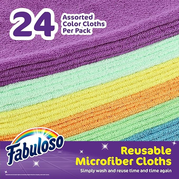 Fabuloso Microfiber Cleaning Cloths, Rainbow - Lint-Free, Scratch-Free Cleaning Cloths for Surfaces and Wood Furniture - Dustless Cloth for Bold and Bright Cleaning Experience, 24 Count - 2 Pack