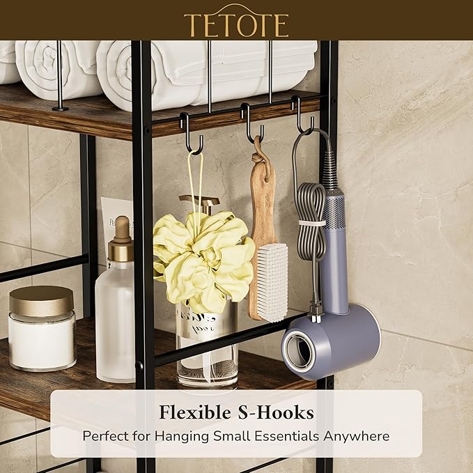 TETOTE Towel Rack for Bathroom 5-Tier Towel Holder with M-Shaped Detachable Dividers Hooks Bathroom Towel Storage Organizer, Rustic
