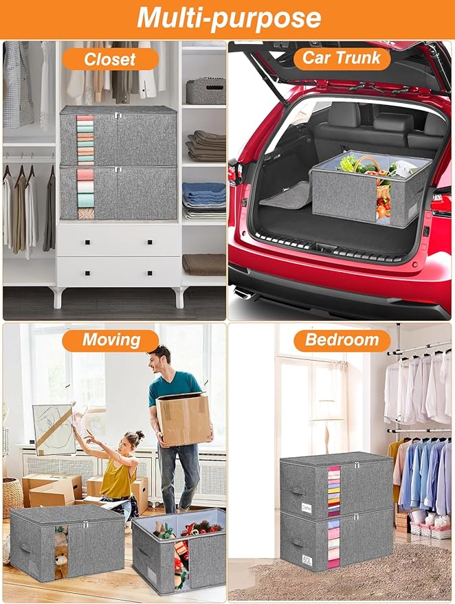 Blanket Storage, Comforter Storage Bag With Rigid Side & Bottom Support, Stackable Clothes Storage Bin For King Size Comforters Sweater Bedding Quilt Pillow Closet Organizers, 21.7x14.2x11.8in, 2Pcs