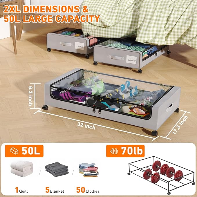 Under Bed Storage with Wheels, 2-Pack Under Bed Storage Containers with Clear Lids, XXL 60L Under the bed storage Organizer Bins, Rolling Under Bed Metal Drawer for Clothes,Shoes,Toys (Gray, 2 Pack)