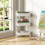 JOYZAN 3 Tier Rolling Carts with Wheels, Utility Cart with Handle and Locking Caster, Storage Cart for Kitchen, Office, Bedroom, Suitable for Diaper, Art Tools, Snack, Craft Storage Cabinet, White