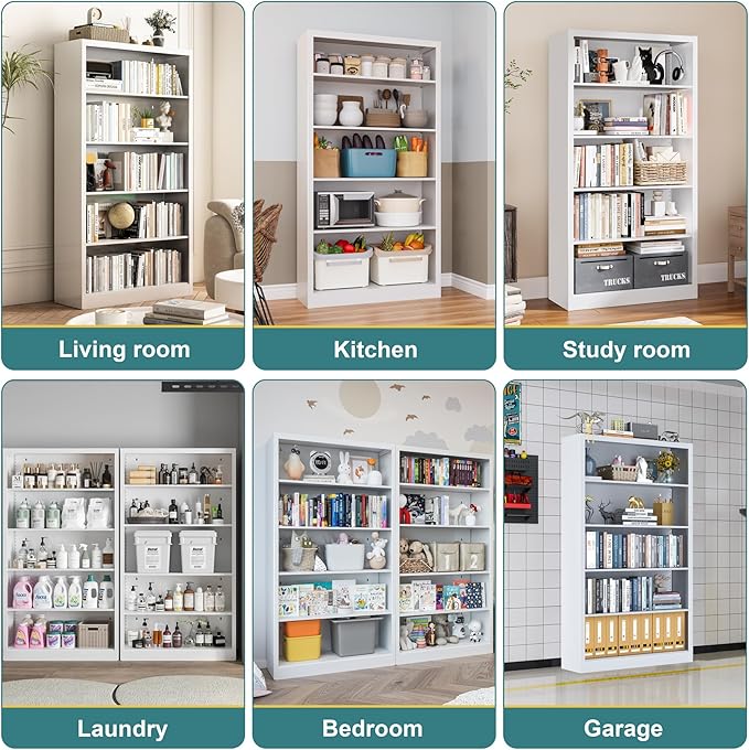 66"Heavy-Duty Steel Open Storage Cabinet with Adjustable Shelves, 6-Tier Shelving Unit, Easy Assembly Freestanding Organizer for Garage, Pantry,Office, Living Room (White, 5 Tier-66"Hx 33"W x14"D)