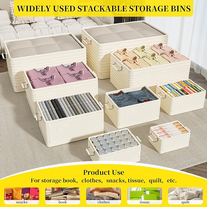 Plastic folding Storage Bins with Lids,Stackable Storage Bins for Clothes,Storage Container,Room Organizer, for Living Room,Bedroom,Office, Kitchen,Bathroom,cream white,2pack