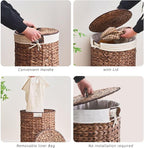 Round Water Hyacinth Laundry Hamper with Lid Handwoven Wicker Basket with Handles for Dirty Clothes, Storage, and Organization, No Assembly Required, 40L