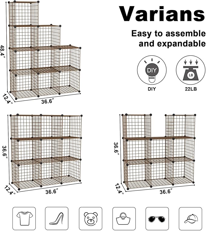 C&AHOME Wire Cube Storage, 9 - Cube Organizer Metal C Grids, Modular Shelves Units, Closet Organizer, Ideal for Home, Office, Living Room, 36.6”L x 12.4”W x 48.4”H, Brown UWCS3009R