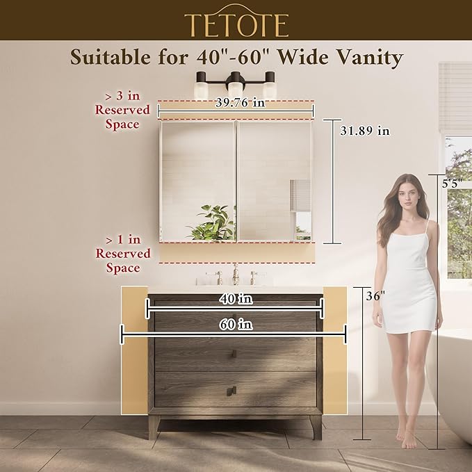 TETOTE 40 x 32 Medicine Cabinet with Tempered Beveled Mirror Silver Medicine Cabinet Mirror Aluminum Cabinet DTC Hinges, Stepless Adjustable Shelves, Recessed/Surface-Mounted