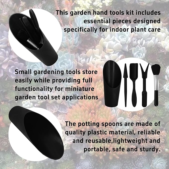 5Pcs Mini Succulent Tools Set, Plastic Garden Hand Tools Kit for Indoor Plant Care, Succulent Bonsai Miniature Garden Tool Set,Small Gardening Tools for Transplanting Digging Planting, Black