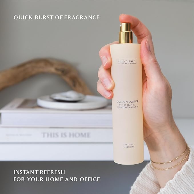 Benevolence LA Golden Luster Room Spray | Orange, Cedarwood & Clove | 3.4oz | Fall Home Fragrance, Pillow & Linen Spray | Low VOC, No Alcohol | Malibu Sands Collection