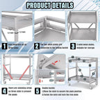 2 Shelf Rolling Cart with Wheels, 660lbs Capacity Collapsible Steel Rolling Utility Cart, Heavy-Duty Foldable Workbench, Metal Rolling Storage Cart with Handle for Groceries, Warehouse (36" Lx26 W)