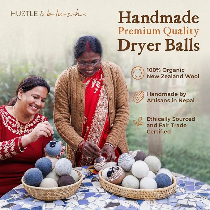 Hustle & Blush Fluff Ewes Wool Dryer Balls 6 Pack - XL Classic Premium New Zealand Laundry Set, Reduces Drying Time, Static Control, Chemical Free, Ideal Holiday Gifts for Women & Men