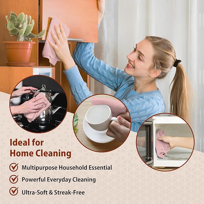 H4N Microfiber Cleaning Cloth Roll, 85 Pack Tear Away Towels, Lint Free, Absorbent, Streak Free, Non-Abrasive, Reusable and Washable Dish Rags for Car and Household Supplies, 11.81x11.81 Inches (Pink)