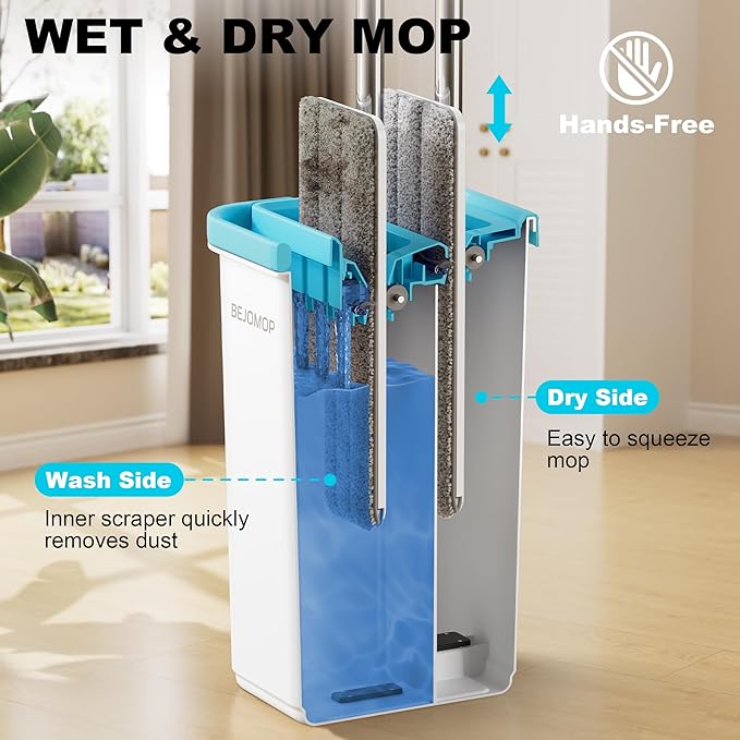 Mop and Bucket Set, Mops for Floor Cleaning, Squeeze Flat Mop and Bucket System, Dry & Wet Wall Mop Cleaner with Long Handle for Household Cleaning with 4 Microfiber Mops, Turquoise-Cyan