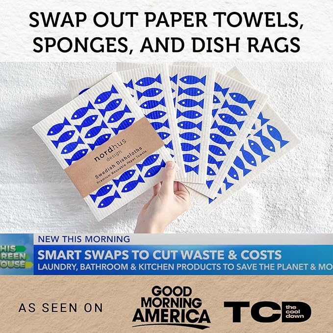 Nordhus Design Swedish Dishcloths,5 Fish Cloths, Made in Sweden - Reusable, Washable Cellulose Cotton Kitchen Cloths - Replace Paper Towels, Wipes, Sponges, Dish Rags