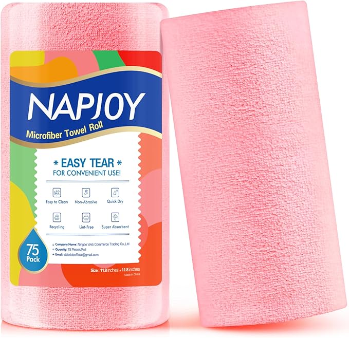 Napjoy Microfiber Cleaning Cloth Roll, 75PK Easy Tear Away Reusable Paper Towels, 12" x 12", Ultra Soft Micro Fiber Dish Cloths for Kitchen, Housekeeping, Window, Car, Garden, Bathroom, Pink