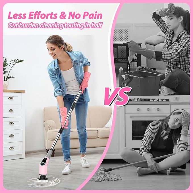 Electric Spin Scrubber, Cordless Cleaning Brush, Shower Scrubber with 8 Replaceable Brush Head, Power Cleaning Brush with Extension Handle, 2 Adjustable Speed, for Bathtub Tile Floor (Pink)