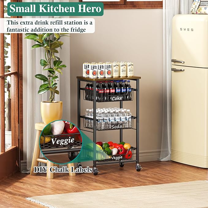 4-Tier Small Kitchen Storage Cart on Wheels, Metal Fruit Basket Stand with Pull-Out Baskets & Wood Top for Potato Onion Produce Snack Veggies
