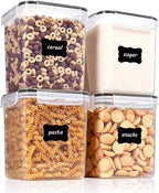 Vtopmart Food Storage Containers 2.5L / 84.5oz, 4 Pieces BPA Free Plastic Airtight Canister for Flour, Sugar, Baking Supplies, with 4 Measuring Cups and 24 Labels, Black
