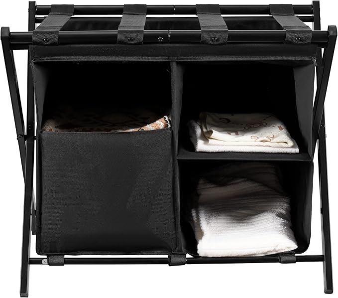 Heybly Luggage Rack with Laundry Bag,Steel Folding Suitcase Stand for Bedroom, Hotel, Foldable Steel Frame, Guest Room Bedroom Hote, 23.62" L x 15.57" W x 24.21" H, Black,HLR006B1