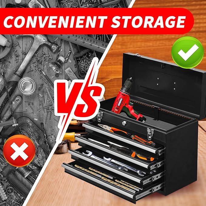 Tool Chest Cabinet, Large Capacity Metal Tool Box with Wheels and Cylinder Locking, Roll Around Storage Organizer Tool Cart for Garage, Redtool cabinets on Wheels (Black, 4-Drawer)