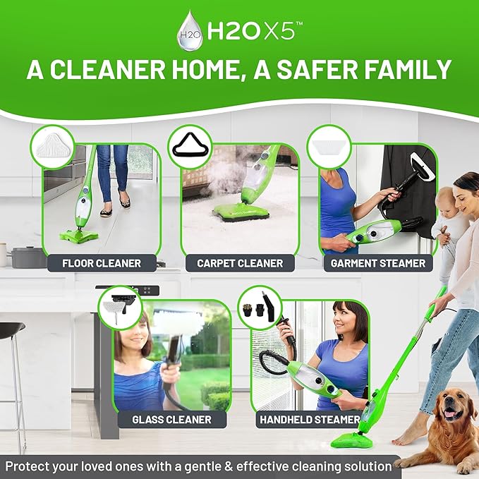 H2O X5 5-in-1 Multi-Purpose Steam Mop, Handheld Steam Cleaner, Adjustable Height, Removable Tank, Large Capacity, Rapid Heat Up, Steam Control, Lightweight, High Pressure