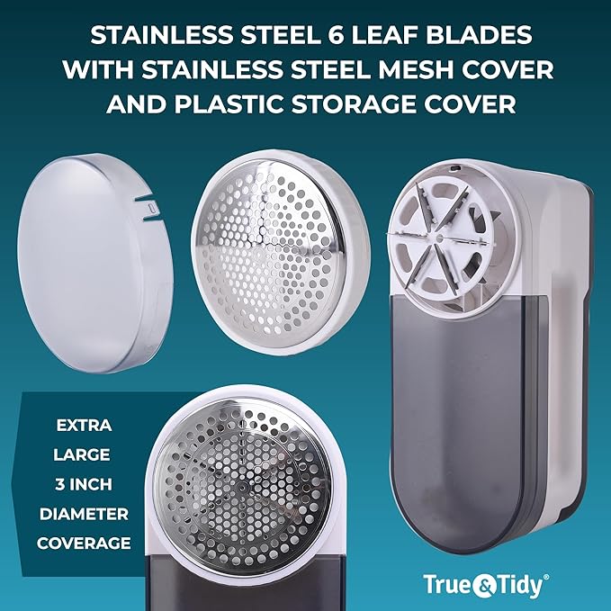True & Tidy XL Rechargeable Fabric Shaver with Light, 6-Leaf Steel Blades, 3-Speed Motor, LED Digital Display, Lint Remover for Clothes, Furniture & Upholstery (White, Turbo)