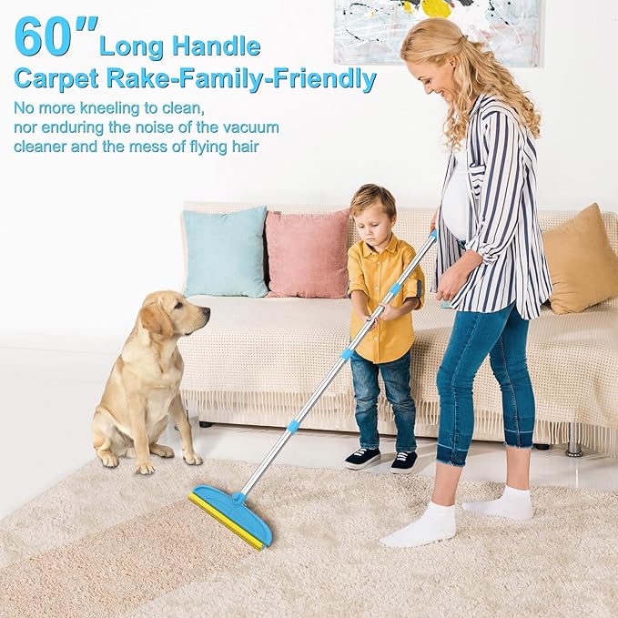 Carpet Rake for Dog Hair Remover: 2 in 1 Reusable Pet Hair Remover – 60‘’ Adjustable Long Handle Carpet Removal Tool for Dog Cat Human Hair – Carpet Scrape Cleaning for Rug Couch Bed