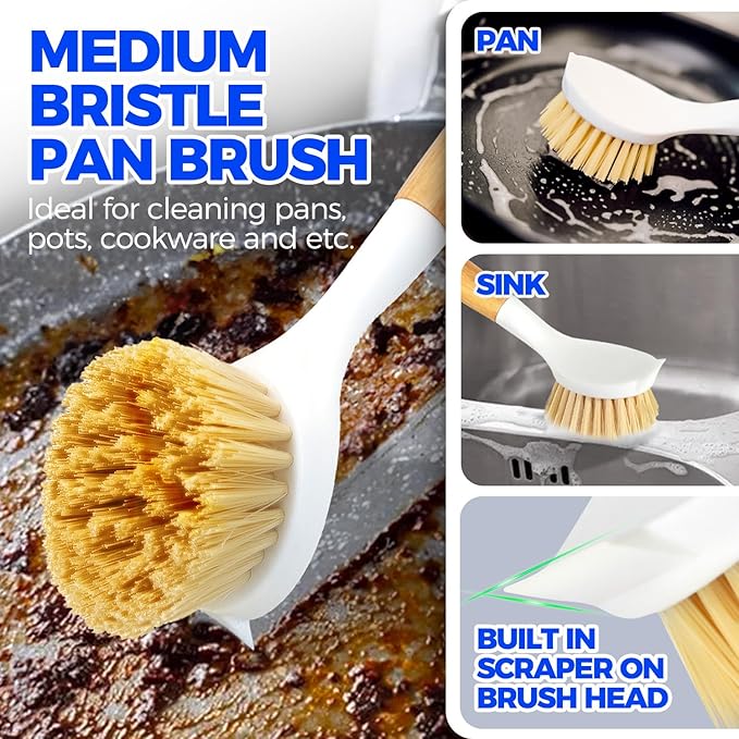 Holikme 3 Pack Dish Brush Set with Bamboo Handle, Kitchen Brushes for Cleaning Pot, Sink and Stove, Skillet Scrubber with Tough Bristles for Cast Iron Grill Pan, Yellow White Black