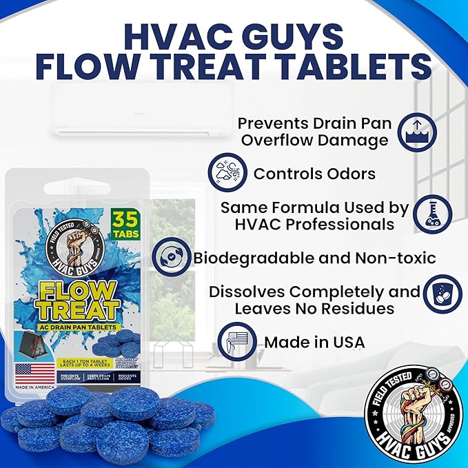 AC Drain Pan Tablets 35PK | Flow Treat Tablets Prevents Odors, Keeps HVAC Drain Pan Clean, Prevents Overflow | One Tablet Lasts up to 4 Weeks