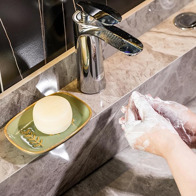 Soap Dish Soap Holder Shower, Ceramic Soap Dishes for Bar Soap Sponge, Shower Soap Dish Soap Saver Tray for Bathroom Kitchen Sink, Easy to Clean, Green