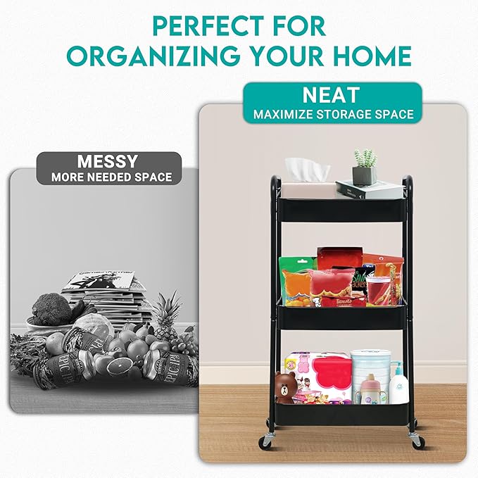 3 Tier Rolling Cart, Metal Utility Cart with 4 Hooks, Rolling Storage Cart on Wheels, Small Organizer Cart for Nursery, Kitchen, Living Room, Bathroom, Black