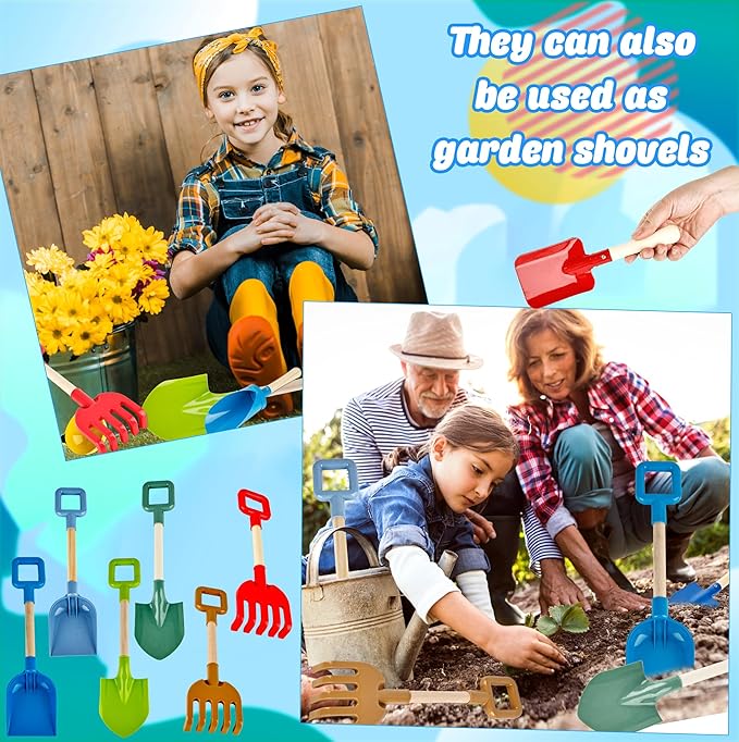 12 Pieces Kids Beach Sand Tools Long Beach Shovel Spade Sand with Sturdy Wooden Handle Safe Garden Tools Including Spoon, Fork, Rake, Flat, Pointed Shovel Cylinder Spoon Gifts for Kids
