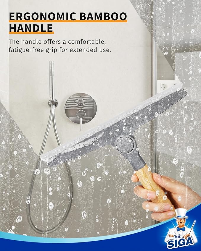 MR.SIGA All Purpose Silicone Squeegee for Shower Door, Mirror, Glass, Streak Free Shower Squeegee, Pivoting Bamboo Handle, Includes 1 Suction Hook, 10 inch Wide, Gray, 1 Pack