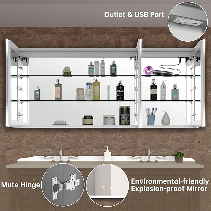 Gray Medicine Cabinets for Bathroom with Mirror, LED Medicine Cabinets Mirror with Defogger, Bathroom Medicine Cabinet with Dimmer, Outlets & USB, 60”W x 36”H, Surface Mounted