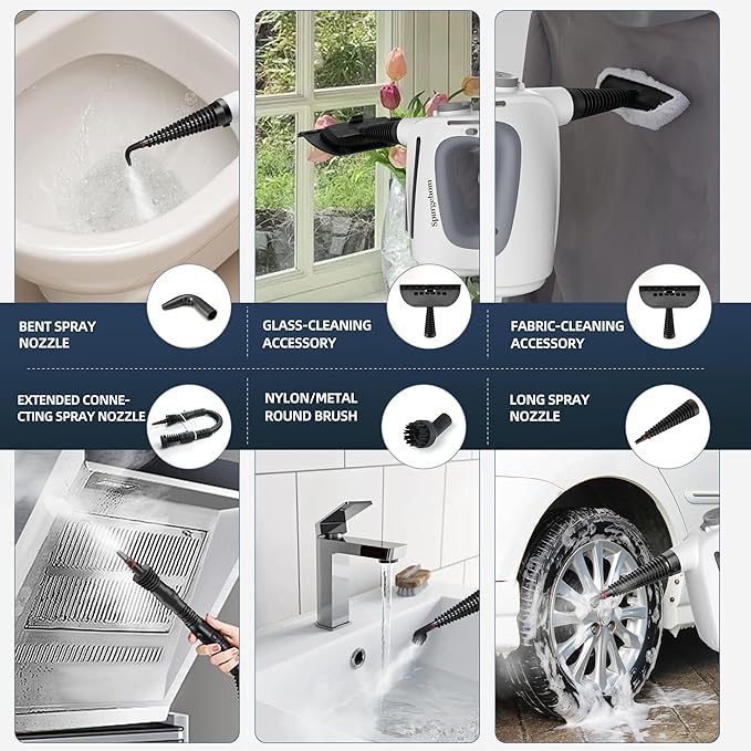 Spurgehom 1350W Handheld Steam Cleaner with 15-Pc Accessories(including mop) & 550ML Tank – 3Bar Dirty-Free Steamer for Floors, Cars, Upholstery, and Multi-Surface Home Cleaning