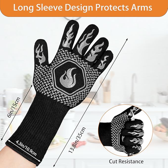 BBQ Fireproof Gloves, Grill Cut-Resistant Gloves 1472°F Heat Resistant Gloves, Non-Slip Silicone Oven Gloves, Kitchen Safe Cooking Gloves for Oven Mitts,Barbecue,Cooking, Frying,13.5 Inch-Grey