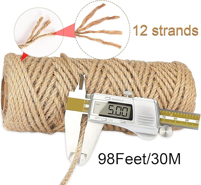 5mm 12Ply Jute Twine,98 Feet/30M Twisted Jute Rope, Garden Twine, Heavy Duty and Thick Twine Rope, Garden, Arts & Crafts, Home Decor, Packaging Braided