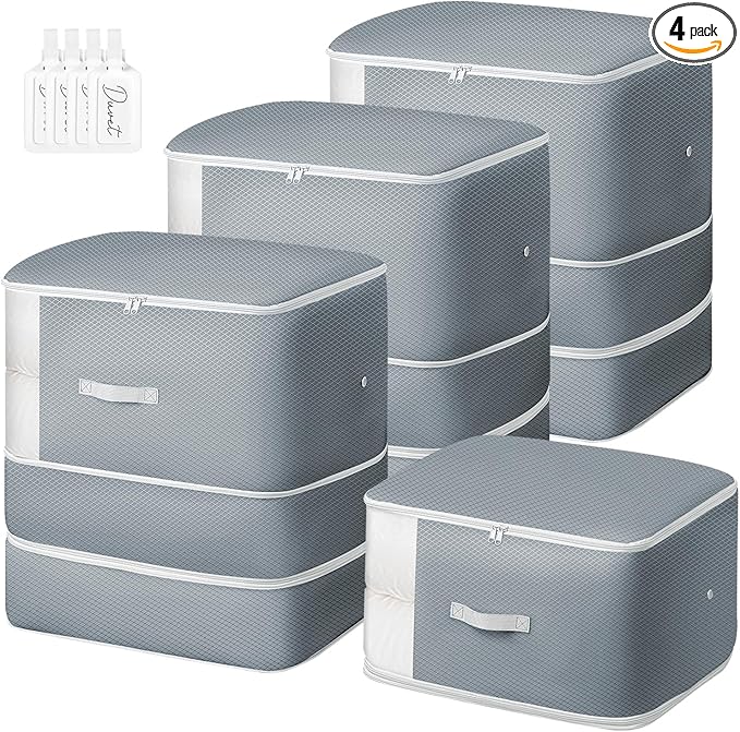 Comforter Storage Bag - 130L Large Capacity Blanket Storage Bags 3-Layer Ultra Space Saving Self Compression Organizer, Washable Compression Bags for Storage Comforter Blanket, 4-Pack, Grey