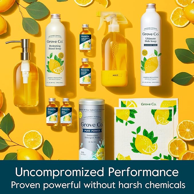 Grove Co. Ultimate Dish Soap Refills (3 x 16 Fl Oz) + Refillable Glass Dish Soap Dispenser for Kitchen Sink with Non-Slip Silicone Sleeve, Plastic Free Cleaning Products, Lemon & Eucalyptus