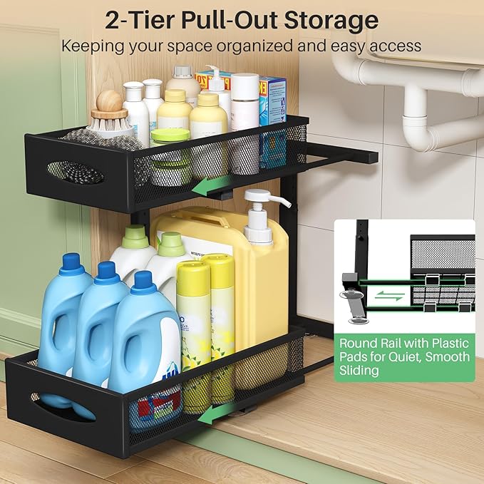 Under Sink Organizer, 2 Tier Pull out Cabinet Organizer Baskets with Mesh Sliding Drawers, Slide out Storage Shelf for Home, Kitchen, Bathroom, Pantry, Office Cabinet, Countertop(1 Pack)