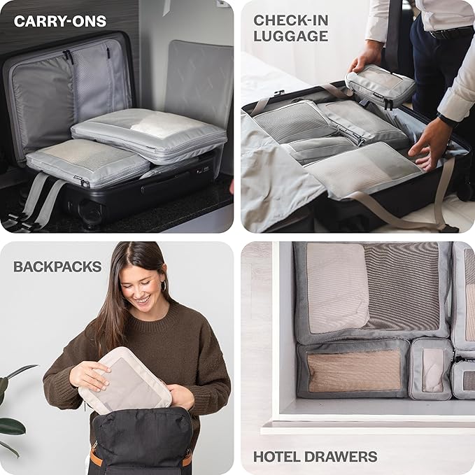 Compression Packing Cubes for Travel - Luggage Organizer Bags - Double Zipper Packing Cubes for Suitcases (4-Pack, Light Grey)