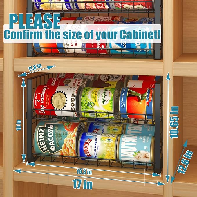 JKsmart 2-Tier Stackable Can Rack Organizer for Pantry, Adjustable Can Dispenser Holds Up to 62 Cans, Can Storage Holder for Various Ounces of Canned Food Soda Drinks, Black, 2 Pack (Petent Pending)